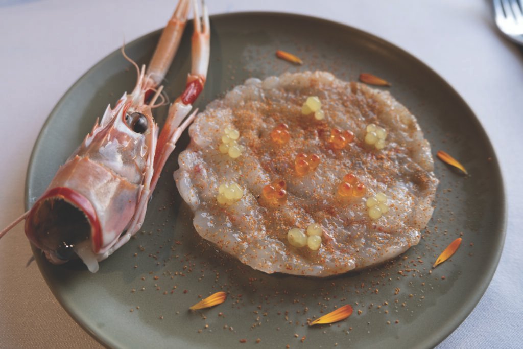 Ode to the Sea (NZ Scampi, wasabi pearls and salmon roe)